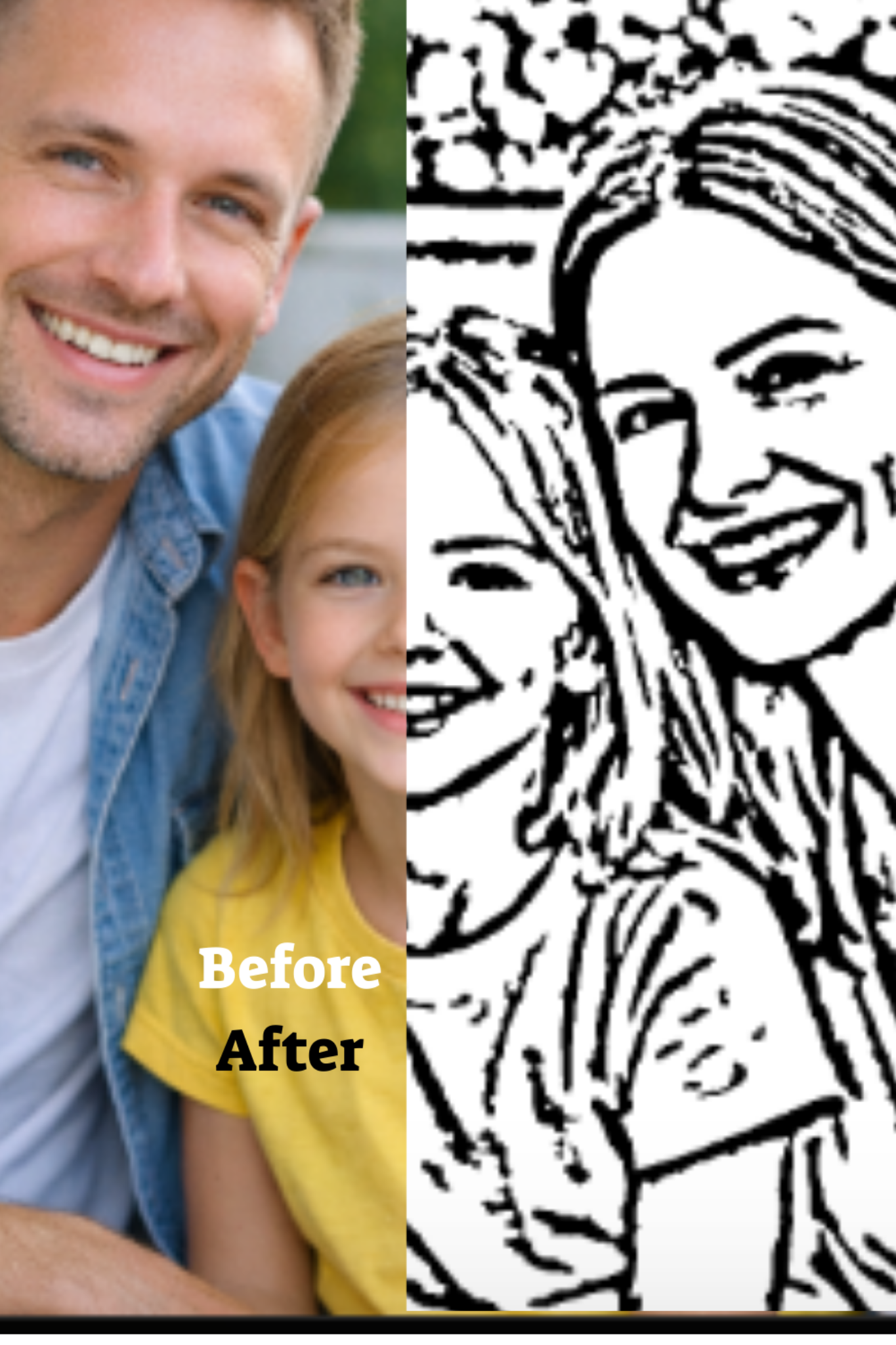 Before and after: photo to coloring page preview